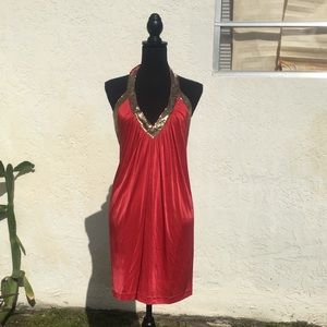 BCBGMAXAZARIA coral & gold halter dress